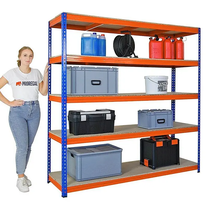 Proregal Schwerlastregal BISON - H x B x T: 200 x 200 x 60 cm, Traglast pro Boden: 600 kg, Anzahl Böden: 5 Stk., Stecken, Blau-Orange - Das Bild zeigt ein robustes Lagerregal mit vier Ebenen, ideal für die Aufbewahrung verschiedener Gegenstände in Garage oder Keller.