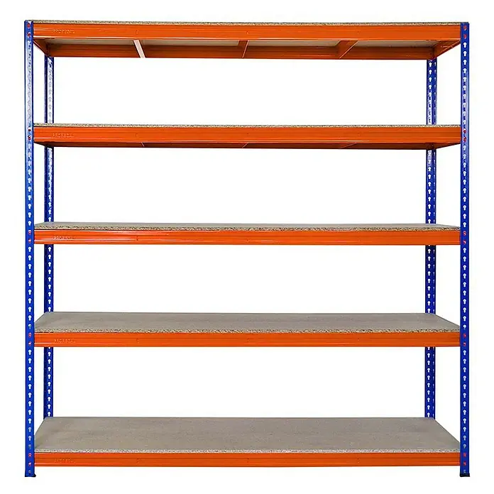 Proregal Schwerlastregal BISON - H x B x T: 200 x 200 x 60 cm, Traglast pro Boden: 600 kg, Anzahl Böden: 5 Stk., Stecken, Blau-Orange - Abbildung eines blauen und orangefarbenen Lagerregals mit fünf Regalebenen zur übersichtlichen Aufbewahrung von Gegenständen.