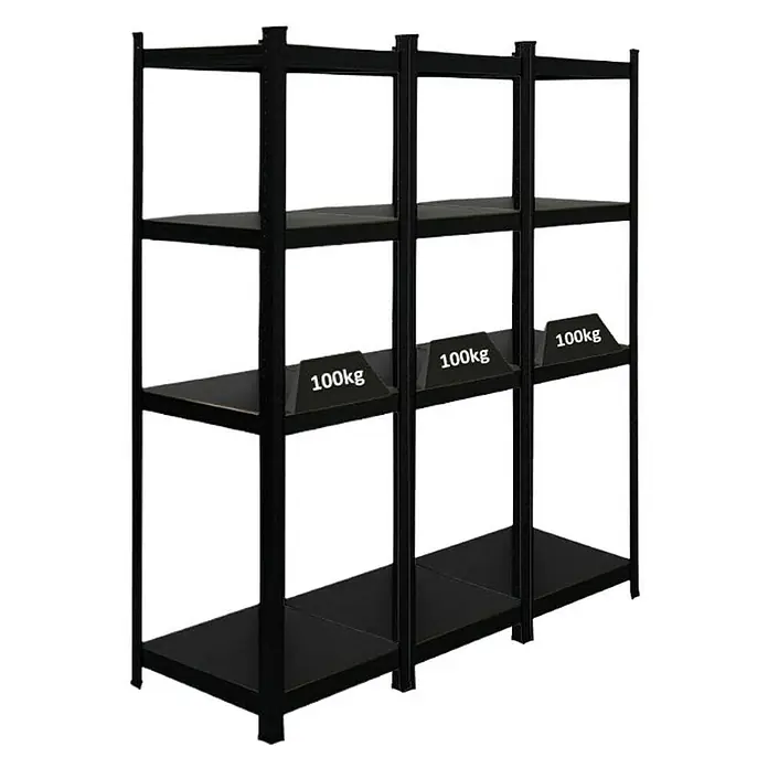 Proregal Metallregal Mega Deal All Black Series Ragnar - Traglast pro Boden: 100 kg, Anzahl Böden: 5 Stk., Stecken, Schwarz - Ein schwarzes Metallregal mit vier Ebenen, auf denen jeweils 100 kg gelagert werden können. Robuste und praktische Aufbewahrungslösung.