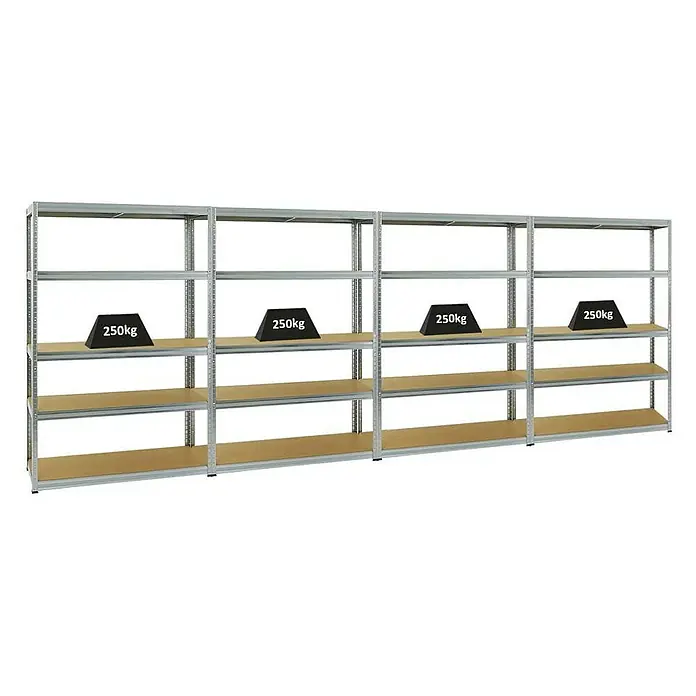 Proregal Schwerlastregal Mega Deal Big Elephant S - Traglast pro Boden: 250 kg, Anzahl Böden: 5 Stk., Stecken, Verzinkt - Metallregal mit vier Abschnitten und mehreren Einlegeböden, jeweils belastbar mit 250kg. Das robuste Regal bietet viel Stauraum für schwere Gegenstände.