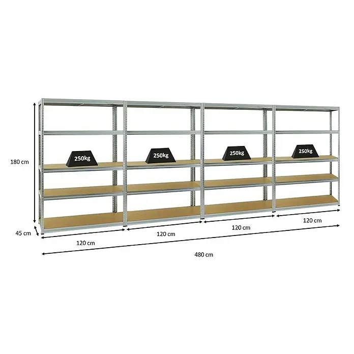 Proregal Schwerlastregal Mega Deal Big Elephant S - Traglast pro Boden: 250 kg, Anzahl Böden: 5 Stk., Stecken, Verzinkt - Metallregal mit vier Regalböden, belastbar bis zu 250 kg pro Ebene. Ideal für Lager, Keller oder Werkstatt zur optimalen Raumausnutzung.