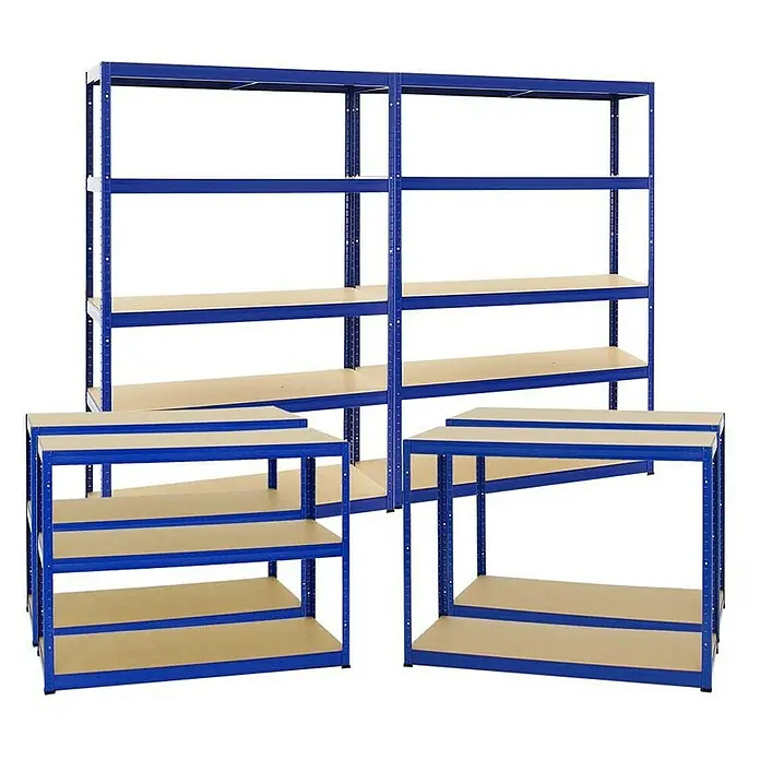 Proregal Schwerlastregal Mega Deal Big Elephant S - H x B x T: 180 x 120 x 45 cm, Traglast pro Boden: 250 kg, Anzahl Böden: 5 Stk., Stecken, Blau - Blaue Metallregale mit hellbraunen Regalböden in verschiedenen Größen für Lagerung und Organisation.