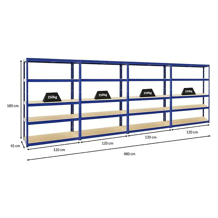 Proregal Schwerlastregal Mega Deal Big Elephant S - H x B x T: 180 x 120 x 45 cm, Traglast pro Boden: 250 kg, Anzahl Böden: 5 Stk., Stecken, Blau - Das Bild zeigt ein Schwerlastregal mit vier Ebenen und einer Traglast von 250kg pro Ebene, ideal für Lager und Werkstatt.