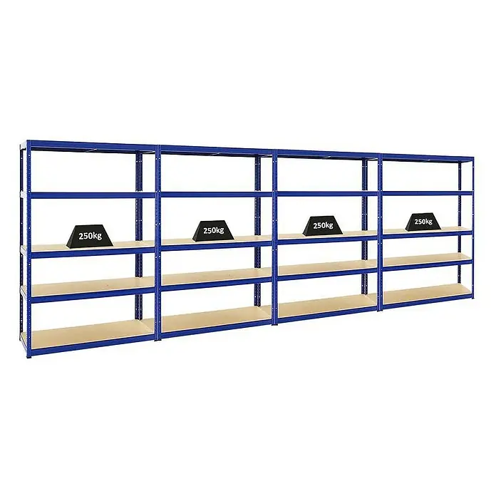Proregal Schwerlastregal Mega Deal Big Elephant S - H x B x T: 180 x 120 x 45 cm, Traglast pro Boden: 250 kg, Anzahl Böden: 5 Stk., Stecken, Blau - Lagerregale mit vier Ebenen, blaues Metallgestell und Holzplatten, beladen mit 250kg Gewichten.
