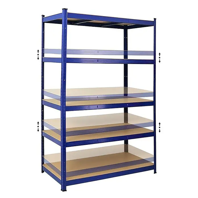 Proregal Schwerlastregal Mega Deal TAURUS - H x B x T: 180 x 120 x 60 cm, Traglast pro Boden: 175 kg, Anzahl Böden: 5 Stk., Stecken, Blau - Ein blaues Schwerlastregal mit fünf Regalböden, das eine flexible Aufbewahrungslösung für Werkstatt, Garage oder Lager bietet.
