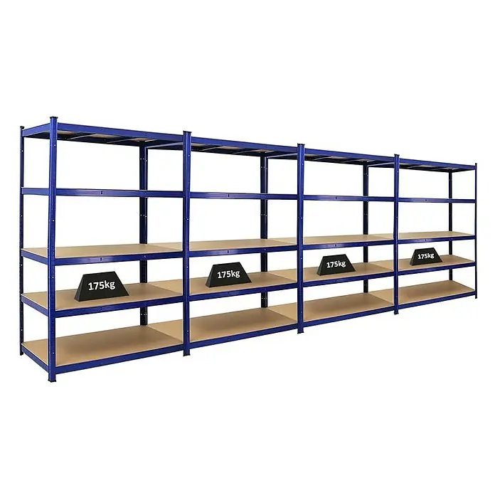 Proregal Schwerlastregal Mega Deal TAURUS - H x B x T: 180 x 120 x 60 cm, Traglast pro Boden: 175 kg, Anzahl Böden: 5 Stk., Stecken, Blau - Das Bild zeigt ein blaues Schwerlastregal mit mehreren Regalböden, von denen einige mit Gewichten von 175kg belastet sind.