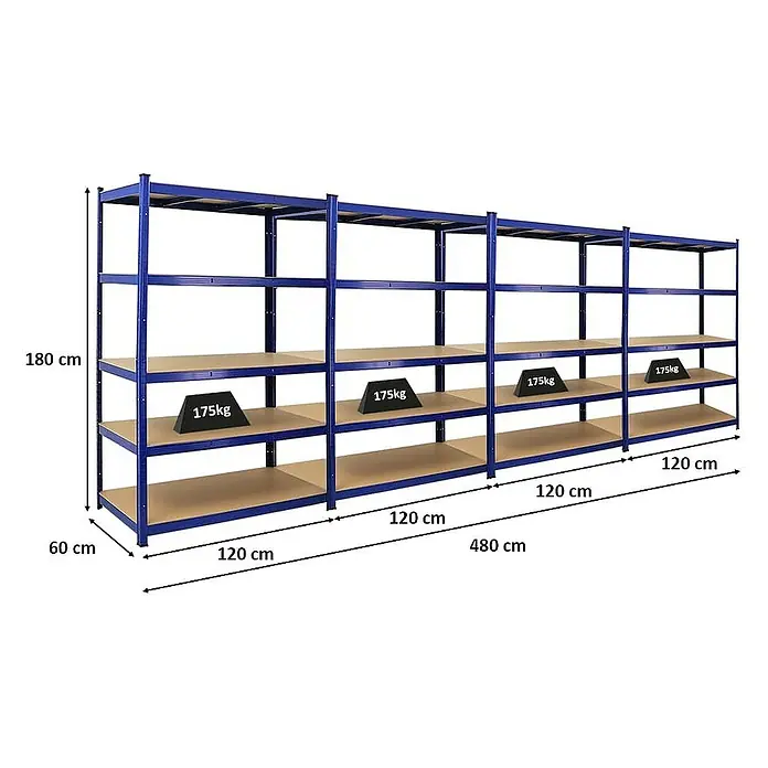 Proregal Schwerlastregal Mega Deal TAURUS - H x B x T: 180 x 120 x 60 cm, Traglast pro Boden: 175 kg, Anzahl Böden: 5 Stk., Stecken, Blau - Blaues Schwerlastregal mit vier Ebenen und Gewichtsangabe zur Veranschaulichung der Tragkraft. Das Regal ist 180 cm hoch.