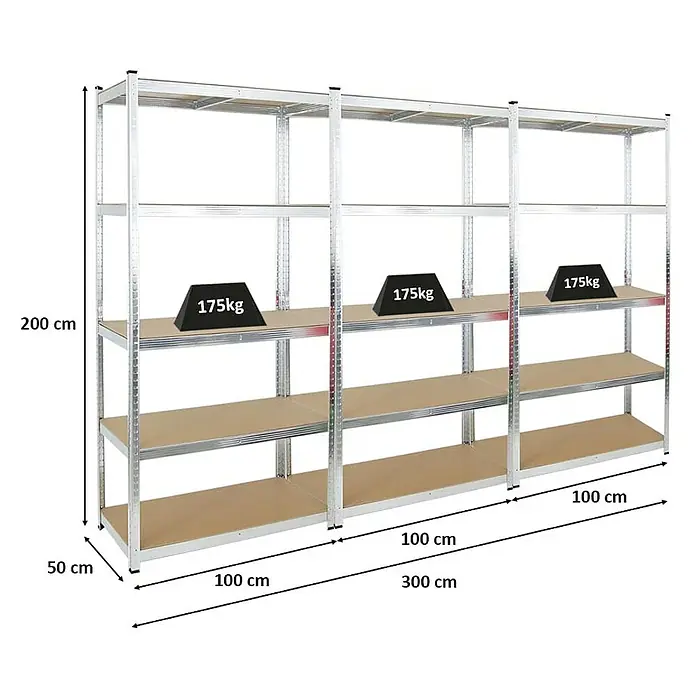 Proregal Schwerlastregal Mega Deal Giant Ragnar - H x B x T: 200 x 100 x 50 cm, Traglast pro Boden: 175 kg, Anzahl Böden: 5 Stk., Stecken, Verzinkt - Abbildung eines silbernen Schwerlastregals mit fünf Ebenen, von denen eine mit Gewichten von 175 kg belastet ist.