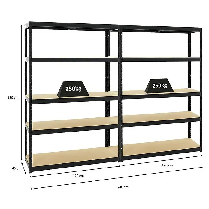 Proregal Schwerlastregal Mega Deal Big Elephant S - Traglast pro Boden: 250 kg, Anzahl Böden: 5 Stk., Stecken, Schwarz - Abgebildete schwarze Regale mit Holzregalböden und Gewichtsangabe. Praktisches und stabiles Aufbewahrungssystem für Werkstatt oder Lager.