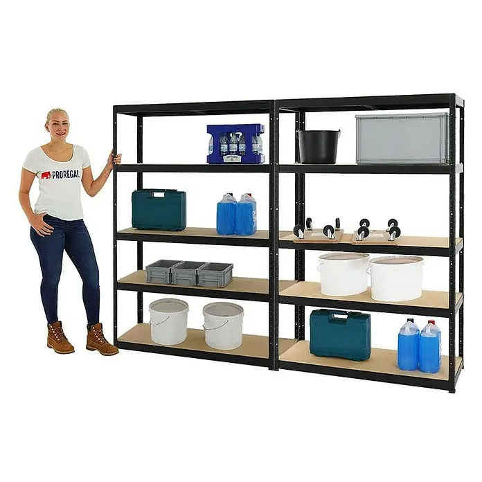 Proregal Schwerlastregal Mega Deal Big Elephant S - Traglast pro Boden: 250 kg, Anzahl Böden: 5 Stk., Stecken, Schwarz - Ein Regal mit fünf Ebenen, befüllt mit verschiedenen Behältern und Boxen, präsentiert eine praktische Lagerlösung.