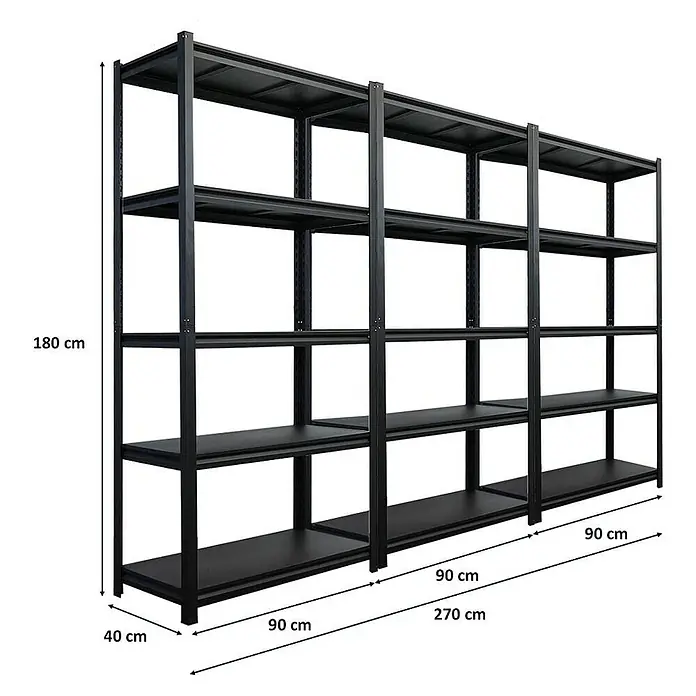 Proregal Schwerlastregal Mega Deal Thorin - Traglast pro Boden: 350 kg, Anzahl Böden: 5 Stk., Stecken, Schwarz - Schwarzes Metallregal mit fünf Ablagen und den Maßen 180 cm Höhe, 270 cm Breite und 40 cm Tiefe zur Aufbewahrung und Organisation.