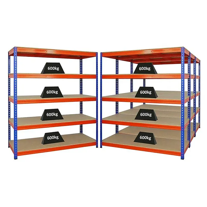 Proregal Schwerlastregal Mega Deal BISON - H x B x T: 200 x 180 x 60 cm, Traglast pro Boden: 600 kg, Anzahl Böden: 5 Stk., Stecken, Blau-Orange - Das Bild zeigt zwei blaue und orangefarbene Schwerlastregale mit jeweils vier Regalen, die mit Gewichten von 600 kg belastet sind. Die Regale sind stabil und robust.