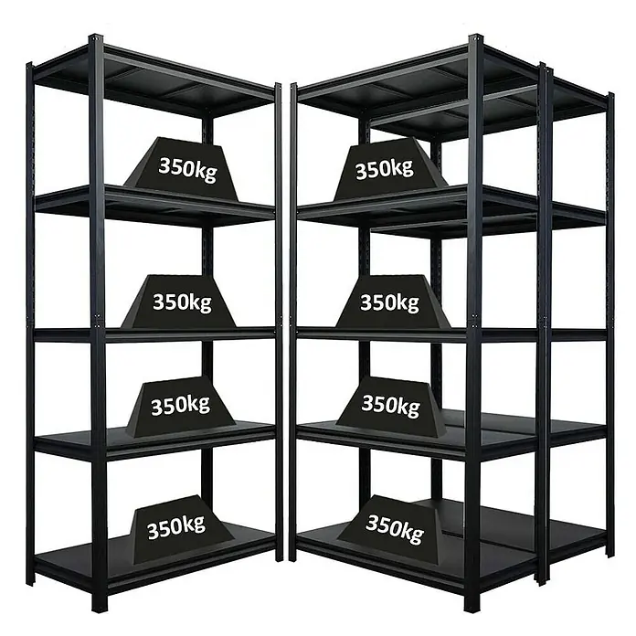 Proregal Schwerlastregal Mega Deal Thorin - Traglast pro Boden: 350 kg, Anzahl Böden: 5 Stk., Stecken, Schwarz - Zwei schwarze Schwerlastregale mit jeweils vier Fächern und Gewichtsangaben von 350 kg pro Fach.