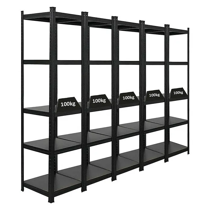 Proregal Metallregal Mega Deal All Black Series Ragnar - Traglast pro Boden: 100 kg, Anzahl Böden: 5 Stk., Stecken, Schwarz - Das Bild zeigt ein Regal mit mehreren Ebenen und einer Traglast von 100 kg pro Ebene, ideal für Lagerung und Organisation.