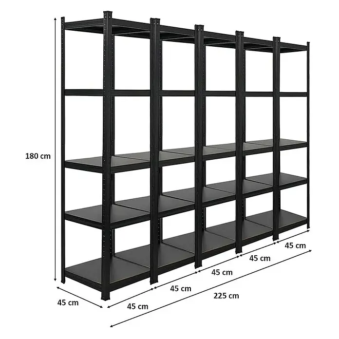 Proregal Metallregal Mega Deal All Black Series Ragnar - Traglast pro Boden: 100 kg, Anzahl Böden: 5 Stk., Stecken, Schwarz - Ein schwarzes Metallregal mit fünf Regalböden und detaillierten Maßangaben zu Höhe und Breite.