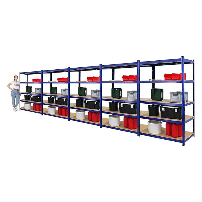 Proregal Schwerlastregal Mega Deal TAURUS - H x B x T: 180 x 120 x 60 cm, Traglast pro Boden: 175 kg, Anzahl Böden: 5 Stk., Stecken, Blau - Abbildung eines blauen Schwerlastregals mit fünf Ebenen, gefüllt mit verschiedenen Behältern und Kanistern.