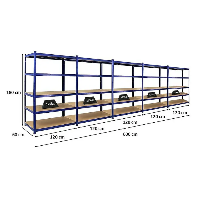 Proregal Schwerlastregal Mega Deal TAURUS - H x B x T: 180 x 120 x 60 cm, Traglast pro Boden: 175 kg, Anzahl Böden: 5 Stk., Stecken, Blau - Ansicht eines blauen Schwerlastregals mit Holzböden, belastet mit Gewichten, mit Maßangaben zu seiner Größe.
