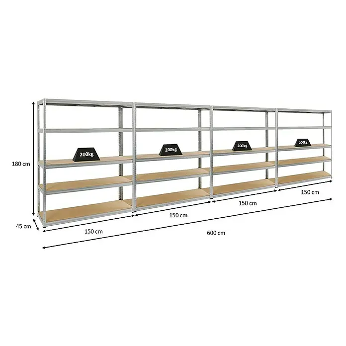 Proregal Schwerlastregal Mega Deal Giant Elephant - Traglast pro Boden: 200 kg, Anzahl Böden: 5 Stk., Stecken, Verzinkt - Ansicht eines Schwerlastregals mit vier Regalebenen, Abmessungen 180 x 600 x 45 cm, belastbar mit 200 kg pro Ebene.