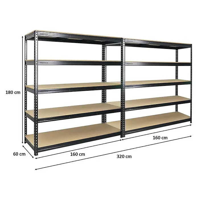 Proregal Schwerlastregal Mega Deal BISON - Traglast pro Boden: 600 kg, Anzahl Böden: 5 Stk., Stecken, Schwarz - Regal-Set mit 5 Ebenen, 180 cm hoch, 160 cm breit und 60 cm tief, ideal für Lagerung und Organisation.