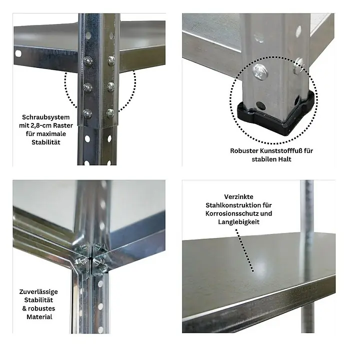 Mega Deal | 5x Schraubregal Haldor | HxBxT 180x90x40cm | Fachlast 100 kg | Verzinkt -  - Detailansichten eines robusten Metallregals, das Stabilität und Langlebigkeit durch verzinkten Stahl und Kunststofffüße bietet.