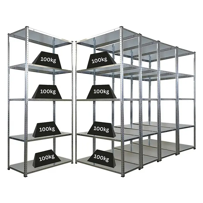 Mega Deal | 5x Schraubregal Haldor | HxBxT 180x90x40cm | Fachlast 100 kg | Verzinkt -  - Metallregal mit fünf Ebenen, belastet mit 100 kg Gewichten auf jeder Ebene zur Darstellung der Tragfähigkeit. Ideal für Lager und Archiv.