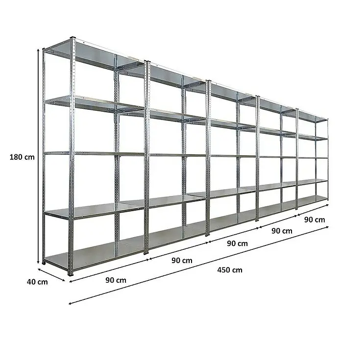 Mega Deal | 5x Schraubregal Haldor | HxBxT 180x90x40cm | Fachlast 100 kg | Verzinkt -  - Metallregal mit mehreren Ebenen und den Maßen 180 cm Höhe, 40 cm Tiefe und 450 cm Breite für Lager und Werkstatt.