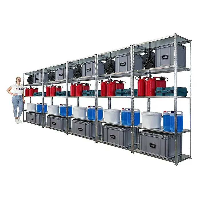 Mega Deal | 5x Schraubregal Haldor | HxBxT 180x90x40cm | Fachlast 100 kg | Verzinkt -  - Bild eines Regalsystems mit robusten Metallregalen, die mit Aufbewahrungsboxen, Kanistern und Eimern befüllt sind.