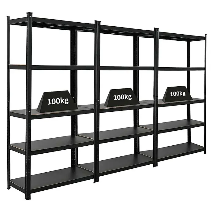 Proregal Metallregal Mega Deal All Black Series Ragnar - Traglast pro Boden: 100 kg, Anzahl Böden: 5 Stk., Stecken, Schwarz - Schwarzes Schwerlastregal mit je 100 kg belasteten Böden für Lagerung und Organisation.
