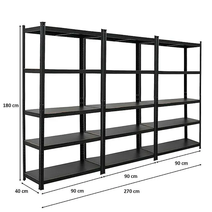 Proregal Metallregal Mega Deal All Black Series Ragnar - Traglast pro Boden: 100 kg, Anzahl Böden: 5 Stk., Stecken, Schwarz - Abbildung eines schwarzen Metallregals mit fünf Regalböden und den Maßen 180x90x40 cm zur Aufbewahrung.
