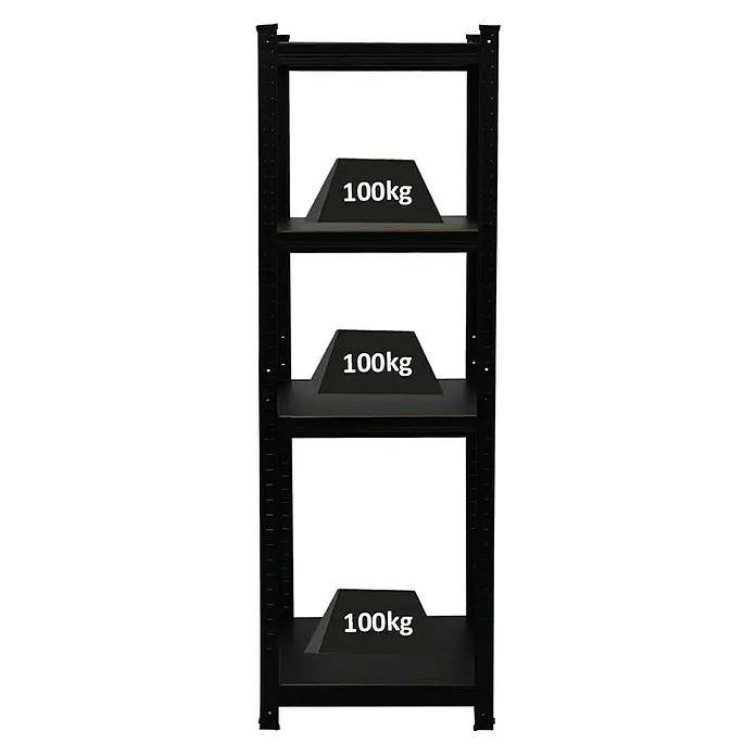 Proregal Metallregal All Black Series Ragnar - Traglast pro Boden: 100 kg, Anzahl Böden: 5 Stk., Stecken, Schwarz - Ein schwarzes Schwerlastregal mit drei Ebenen, von denen jede mit Gewichten von 100 kg belastet ist, die die Kapazität des Regals demonstrieren.