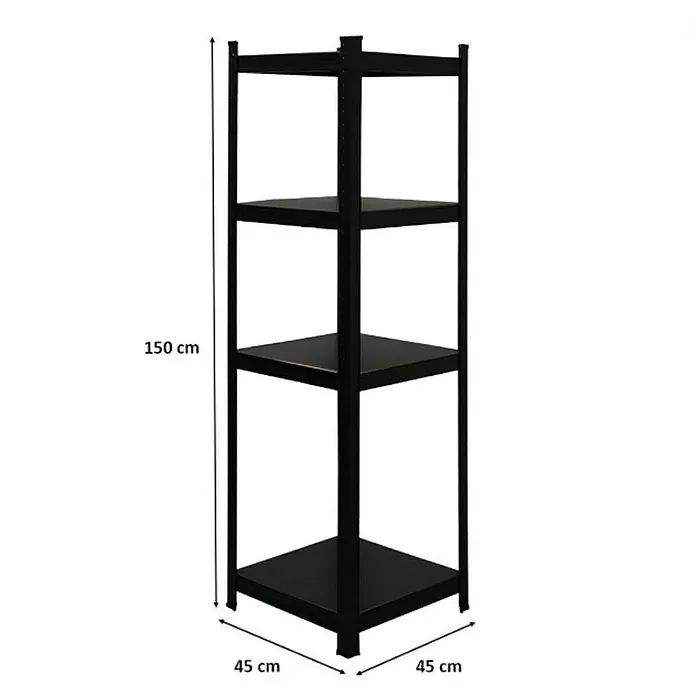 Proregal Metallregal All Black Series Ragnar - Traglast pro Boden: 100 kg, Anzahl Böden: 5 Stk., Stecken, Schwarz - Schwarzes, rechteckiges Metallregal mit vier Ablagen, das 150 cm hoch und 45 cm breit ist.