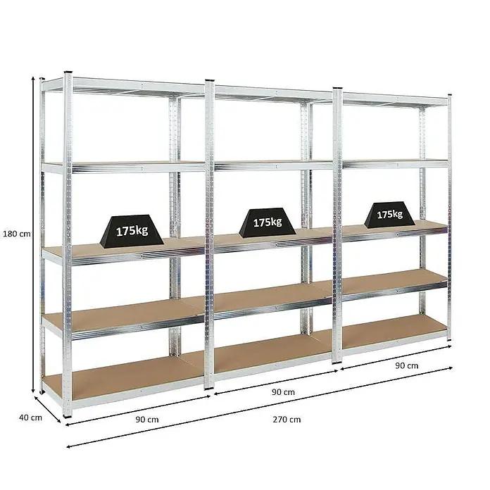 Proregal Schwerlastregal Mega Deal Ragnar - Traglast pro Boden: 175 kg, Anzahl Böden: 5 Stk., Stecken, Verzinkt - Ein robustes, modulares Schwerlastregal mit fünf Ebenen, ideal für Lagerung, mit Gewichtsangaben zur Veranschaulichung der Tragfähigkeit.