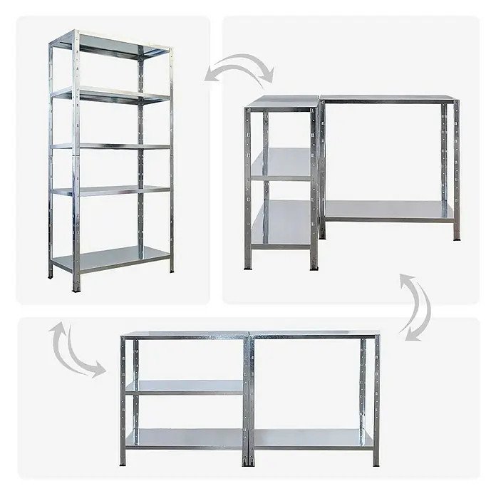Proregal Metallregal Mega Deal Ares - Traglast pro Boden: 125 kg, Anzahl Böden: 5 Stk., Stecken, Verzinkt - Metallregal mit fünf Ebenen, das in zwei Regale mit drei und zwei Ebenen umgewandelt werden kann. Praktisches und vielseitiges Regalsystem.