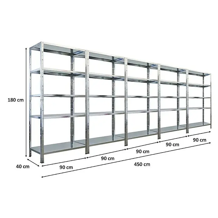 Proregal Metallregal Mega Deal Ares - Traglast pro Boden: 125 kg, Anzahl Böden: 5 Stk., Stecken, Verzinkt - Darstellung eines Metallregalsystems mit fünf Ebenen, das sich ideal für Lagerzwecke eignet, mit Maßangaben.