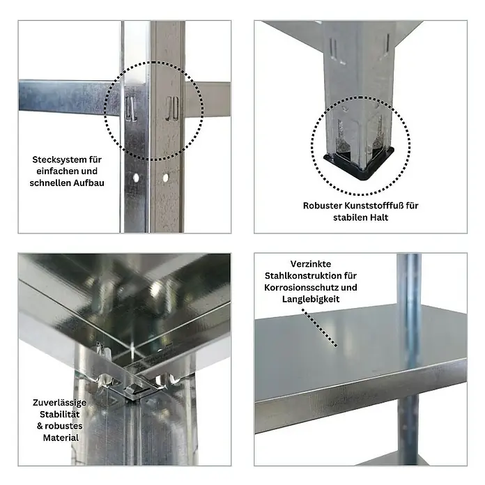 Proregal Metallregal Mega Deal Ares - Traglast pro Boden: 125 kg, Anzahl Böden: 5 Stk., Stecken, Verzinkt - Produktdetails eines Regals: Stecksystem, robuster Fuß, verzinkte Stahlkonstruktion für Stabilität und Langlebigkeit.