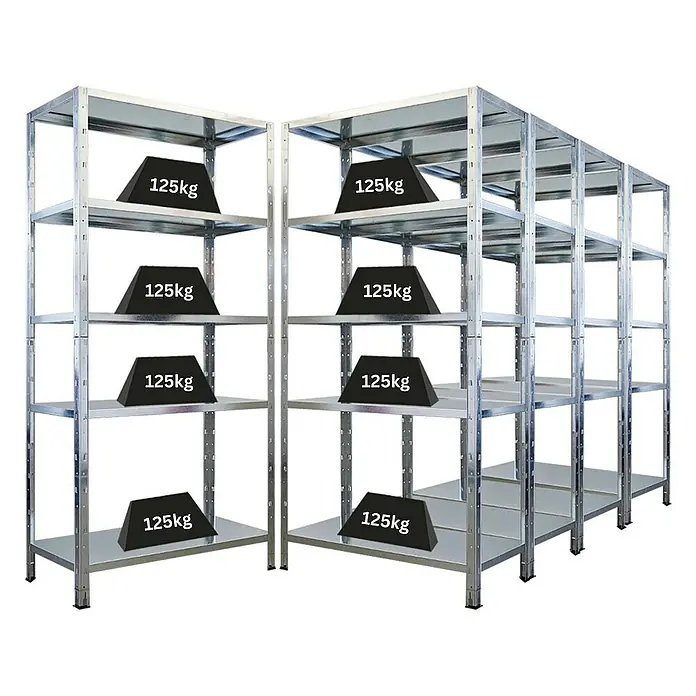 Proregal Metallregal Mega Deal Ares - Traglast pro Boden: 125 kg, Anzahl Böden: 5 Stk., Stecken, Verzinkt - Abbildung von Metallregalen mit Gewichten auf den Regalböden, die die Tragfähigkeit des Produkts demonstrieren.