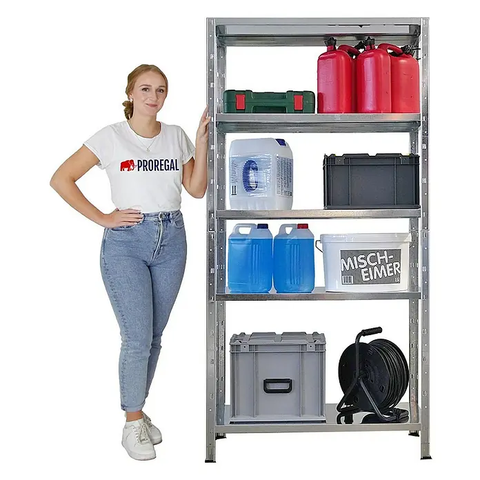 Proregal Metallregal Mega Deal Ares - Traglast pro Boden: 125 kg, Anzahl Böden: 5 Stk., Stecken, Verzinkt - Abgebildet ist ein vielseitiges Metallregal, das sich ideal für die Lagerung verschiedener Gegenstände eignet.