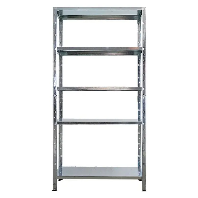 Proregal Metallregal Mega Deal Ares - Traglast pro Boden: 125 kg, Anzahl Böden: 5 Stk., Stecken, Verzinkt - Abgebildetes ist ein silbernes Metallregal mit fünf Regalböden, das sich ideal für Lagerung und Organisation eignet.