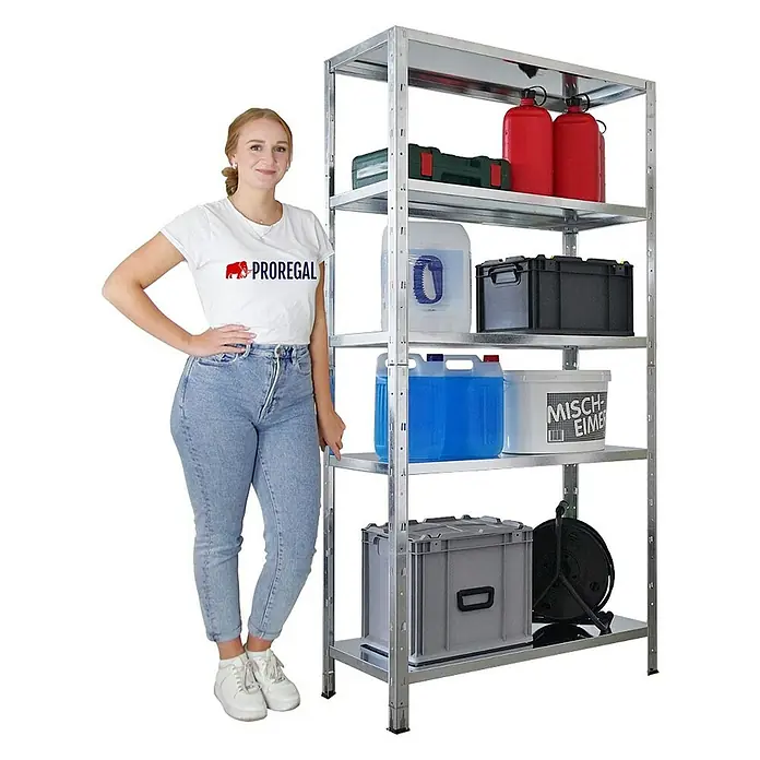 Proregal Metallregal Mega Deal Ares - Traglast pro Boden: 125 kg, Anzahl Böden: 5 Stk., Stecken, Verzinkt - Ein hohes, stabiles Metallregal mit fünf Ablagen, gefüllt mit Behältern und Werkzeugen, daneben eine Frau.