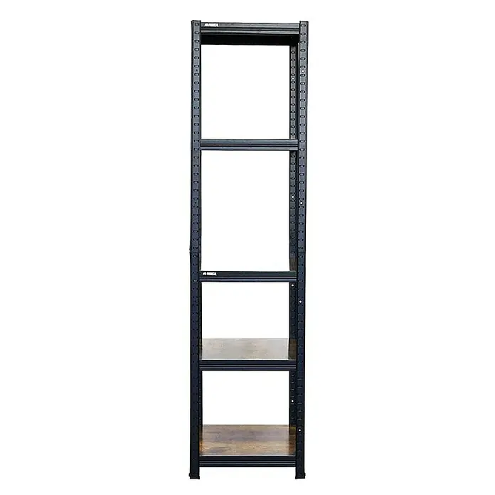 Proregal Metallregal Mega Deal All Black Series Ragnar - Traglast pro Boden: 100 kg, Anzahl Böden: 5 Stk., Stecken, Schwarz - Ein schwarzes Metallregal mit vier Ebenen, davon zwei mit hölzernen Einlegeböden, perfekt für Lagerung und Organisation.