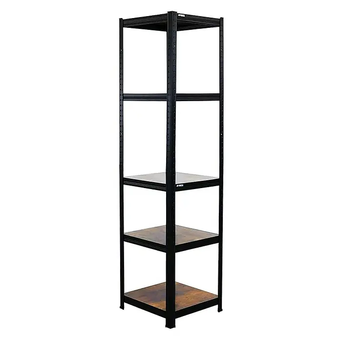 Proregal Metallregal Mega Deal All Black Series Ragnar - Traglast pro Boden: 100 kg, Anzahl Böden: 5 Stk., Stecken, Schwarz - Regal mit vier Regalböden. Das Regal ist aus schwarzem Metall gefertigt und hat Regalböden in Holzoptik. Ideal für Lagerung und Organisation.