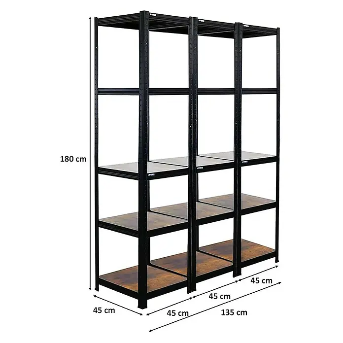 Proregal Metallregal Mega Deal All Black Series Ragnar - Traglast pro Boden: 100 kg, Anzahl Böden: 5 Stk., Stecken, Schwarz - Produktbild eines schwarzen Metallregals mit Holzregalböden und den Maßen 180 cm Höhe, 45 cm Tiefe und 135 cm Breite.