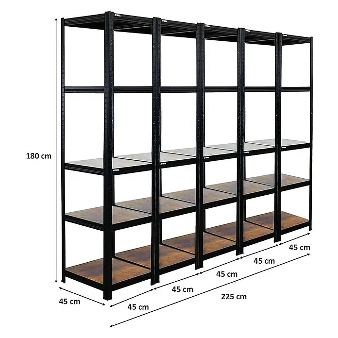 Proregal Metallregal Mega Deal All Black Series Ragnar - Traglast pro Boden: 100 kg, Anzahl Böden: 5 Stk., Stecken, Schwarz - Abbildung eines schwarzen Regals mit Holzablagen. Das Regal ist 180 cm hoch, 225 cm breit und 45 cm tief.