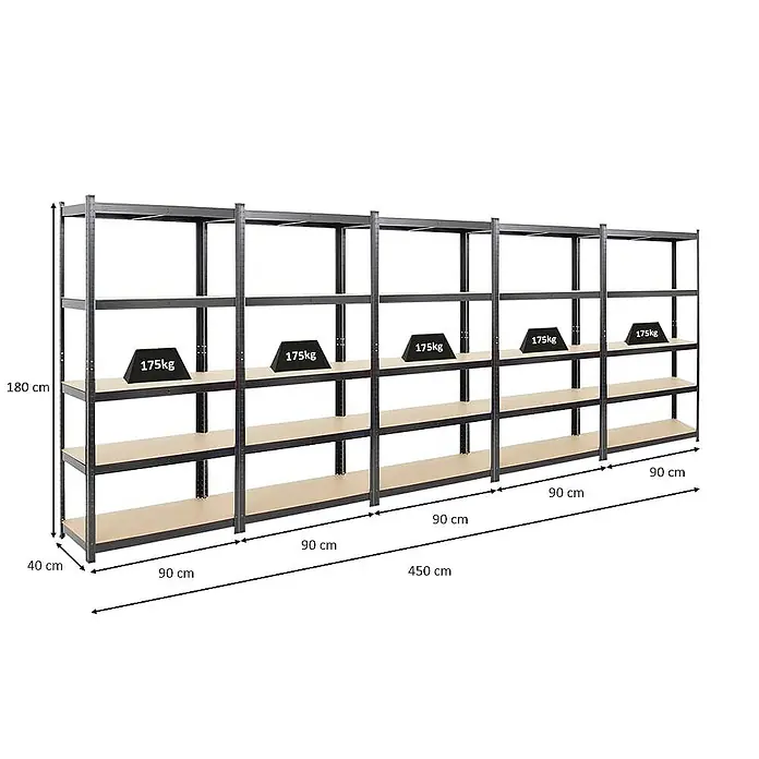 Proregal Schwerlastregal Mega Deal Ragnar - Traglast pro Boden: 175 kg, Anzahl Böden: 5 Stk., Stecken, Schwarz - Aufnahme eines modularen Schwerlastregals mit sechs Ebenen, Traglast 175kg pro Ebene, ideal für Lagerung.