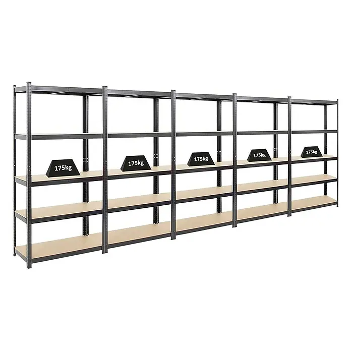 Proregal Schwerlastregal Mega Deal Ragnar - Traglast pro Boden: 175 kg, Anzahl Böden: 5 Stk., Stecken, Schwarz - Robuste Lagerregale mit mehreren Ebenen und Gewichtsangabe 175kg pro Ebene. Ideal für Werkstatt oder Garage zur Aufbewahrung von schweren Gegenständen.