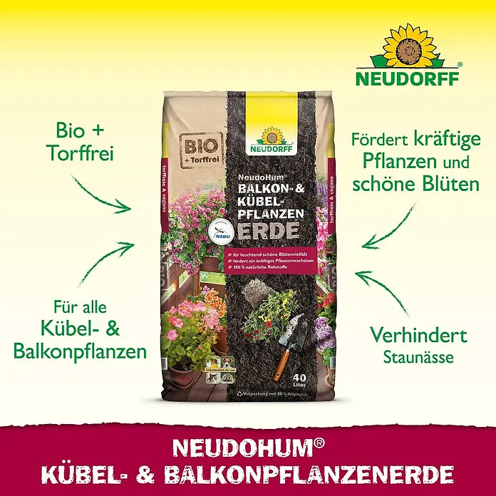 Neudorff NeudoHum Pflanzerde Balkon- & KübelpflanzenErde - 40 l - NEUDORFF NeudoHum Kübel- & Balkonpflanzenerde: Bio, torffrei, fördert Pflanzenwachstum und Blütenpracht, verhindert Staunässe, 40 Liter.