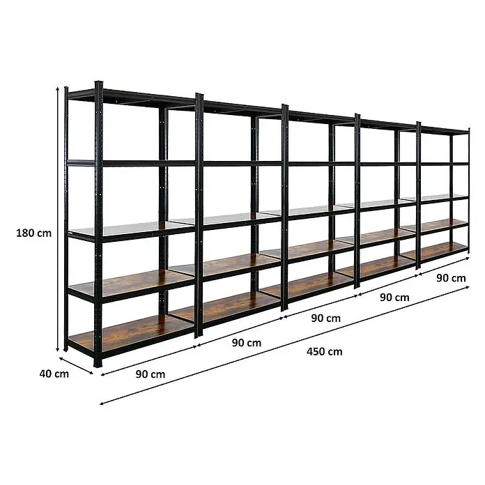 Proregal Metallregal Mega Deal All Black Series Ragnar - Traglast pro Boden: 100 kg, Anzahl Böden: 5 Stk., Stecken, Schwarz - Das Bild zeigt ein langes Regal mit vier Ebenen. Das Regal ist aus Metall und Holz gefertigt und bietet viel Stauraum.