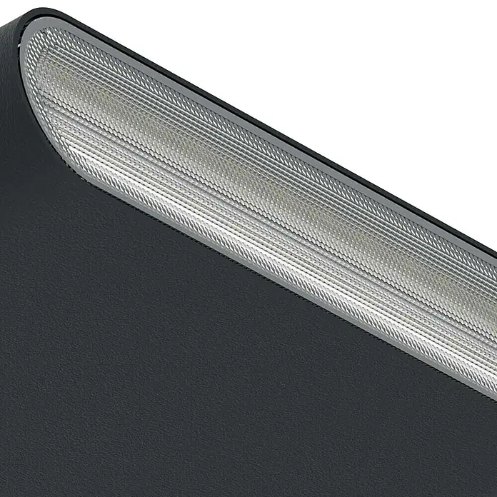Elstead LED-Außenwandleuchte Jens - 2,4 W, 13,5 x 13,5 x 9 cm, Black, IP65 - Nahaufnahme einer LED-Lampe mit einem Gehäuse in Grau und einer langen, hellen Lichtleiste. Das Licht ist gleichmäßig und hell.