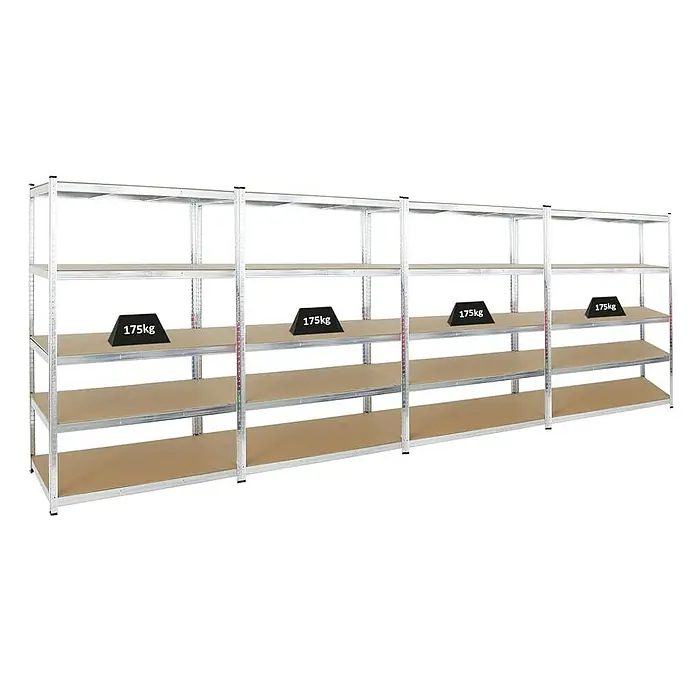 Proregal Schwerlastregal Mega Deal Ragnar - H x B x T: 180 x 120 x 60 cm, Traglast pro Boden: 175 kg, Anzahl Böden: 5 Stk., Stecken, Verzinkt - Das Bild zeigt ein Regal mit vier Ebenen, wobei jede Ebene mit Gewichten von 175 kg belastet ist. Das Regal ist aus Metall gefertigt.