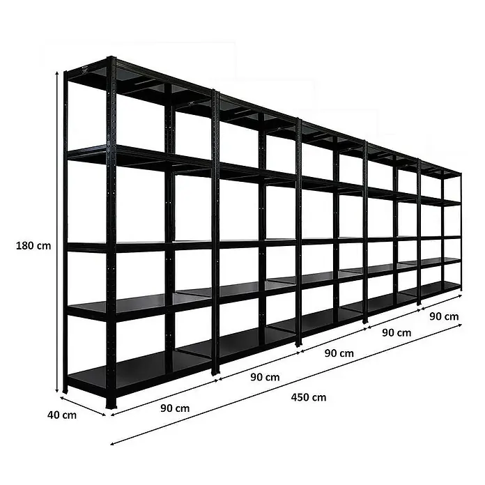 Proregal Metallregal Mega Deal Ragnar - Traglast pro Boden: 125 kg, Anzahl Böden: 5 Stk., Stecken, Schwarz - Abbildung eines schwarzen Metallregals mit den Maßen 180 cm Höhe, 450 cm Länge und 40 cm Tiefe, ideal für Lagerung und Organisation.